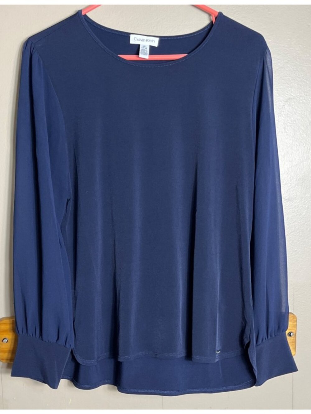 Calvin Klein Top Navy Knit Sheer Balloon Whimsigoth Elegant Dark Feminine Wom M - Picture 9 of 10